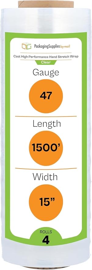 PSBM Stretch Wrap, 4 Pack, 15 Inch x 1500 Feet, 80 Gauge, Clear Plastic Cling, Cast Hand Stretch Film Rolls for Packaging Moving Packing Pallets