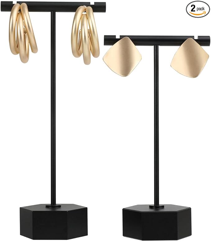 GemeShou Black Metal 2pcs Earring Display T Stand for Show, T Bar Jewelry Holder Tree for Retail Photography 【Black-Hexagon Base 2pcs Height 4.5" and 5.3"】