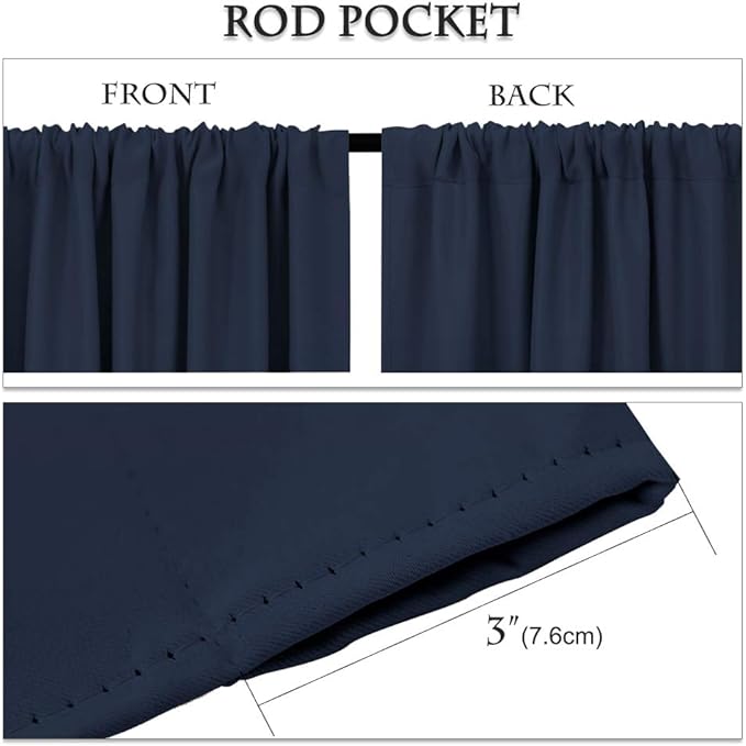 PONY DANCE Curtains Light Block - Thermal Insulated Rod Pocket Draperies Energy Saving/Short Window Covering for Bedroom Bay Windows, 52 Wide by 63 inch Drop, Navy Blue, 2 Panels