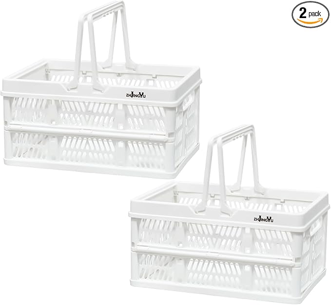 Plastic Basket Storage Crates,2-pack Plastic Baskets for organizing,Collapsible Shopping Basket,Foldable Crate with Handles,Collapsible Crate for Car,Kitchen,Bathroom,Medicine Grocery