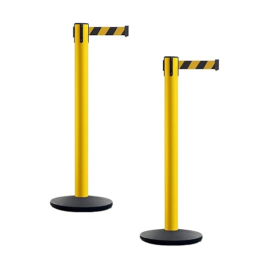 Montour Line MI650 Set of 2 Retractable Belt Barrier Stanchion, Cast Iron Base, Yellow Post (16 ft Black and Yellow Diagonal Belt)