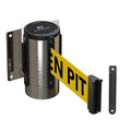 Crowd Control Warehouse - CCW Series WMB-120 Fixed Wall Mount Retractable Belt Barrier - 11 Foot, Yellow"Beware Open Pit" Belt with Stainless Steel Case