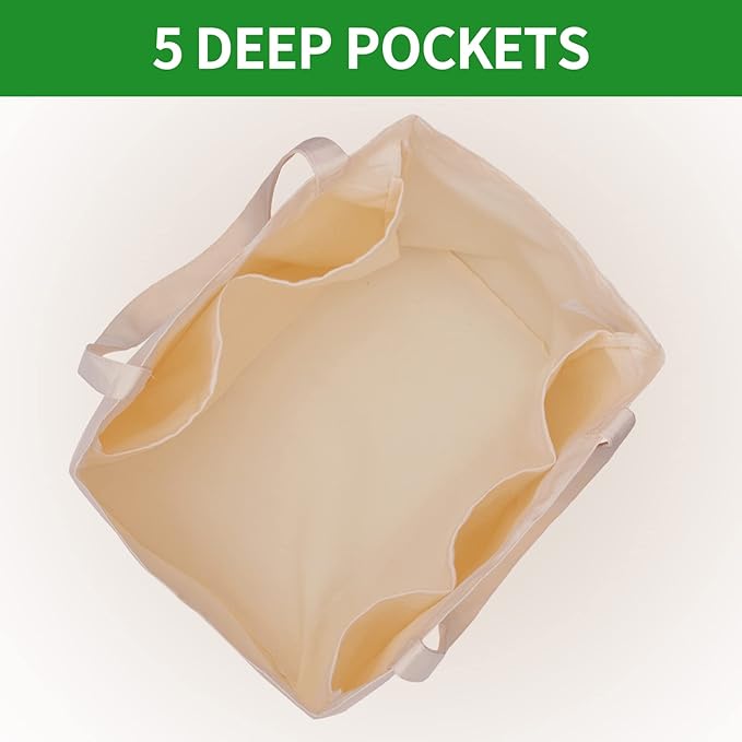 3 Pack Heavy Duty Reusable Canvas Grocery Bags, Holds 60 lbs, 8.3 gal Multi-Purpose Washable Grocery Bags with 5 Pockets, Off White