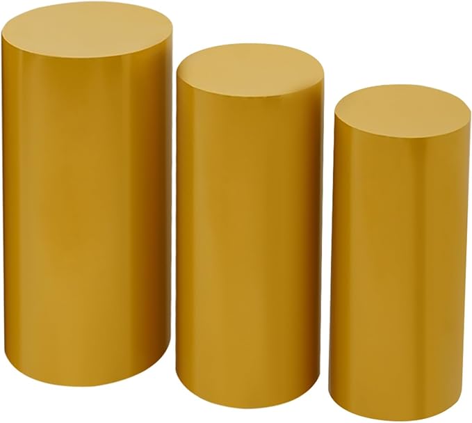 OUKANING 3 PCS Metal Display Pedestal Stands, Cylinder Gold Display Stands Pillars, Decoration Cube Sculpture Display Column for Wedding Party Baby Shower Birthday, H27.56'', 26'', 23.62''