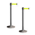 CCW Set of 2 Retractable Belt Barriers Stanchion, Polished Stainless Steel Post, RBB-100 (9 Foot Belt, Fluorescent Yellow Belt)