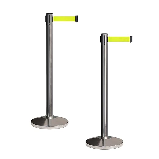 CCW Set of 2 Retractable Belt Barriers Stanchion, Polished Stainless Steel Post, RBB-100 (7.5 Foot Belt, Fluorescent Yellow Belt)