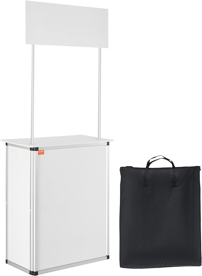 VEVOR Promotion Counter Table, Portable Tradeshow Podium Table, 30.91" x 14.96" x 71.46", Display Exhibition Counter Stand Booth Fair with Wall, Pop Up Podium with Storage Rack/Carrying Bag