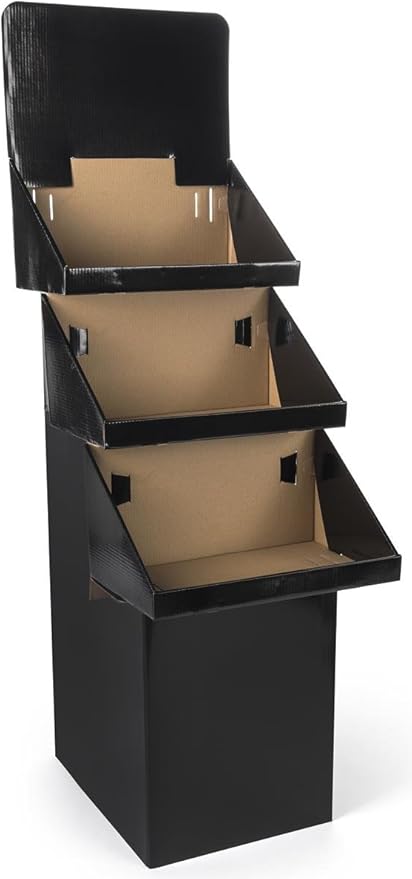 3-Tier Point-of-Purchase Display Bin for Floor, Free-Standing, Black Corrugated Cardboard, Easy Setup - Sold in Sets of 3