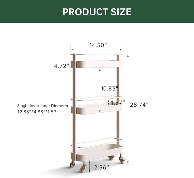 Rolling Storage Cart, 3 Tier Bathroom Organizer Mobile Shelving Unit, Metal Utility Cart Tower Rack for Kitchen Laundry Narrow Places(Fully Assembled Furniture, White)