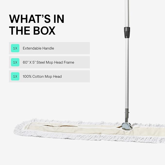 Commercial Dust Mop – 60 Inch Floor Sweeper for Hardwood, Reusable Cotton Mop Head, Extendable Handle, Dry Mop for Floor Cleaning & Janitorial Supplies