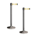 Crowd Control Warehouse CCW Set of 2 Retractable Belt Barriers Stanchion, Polished Stainless Steel Post, RBB-100 (9 Foot Belt, Yellow Horizontal Reflective Stripe Belt)