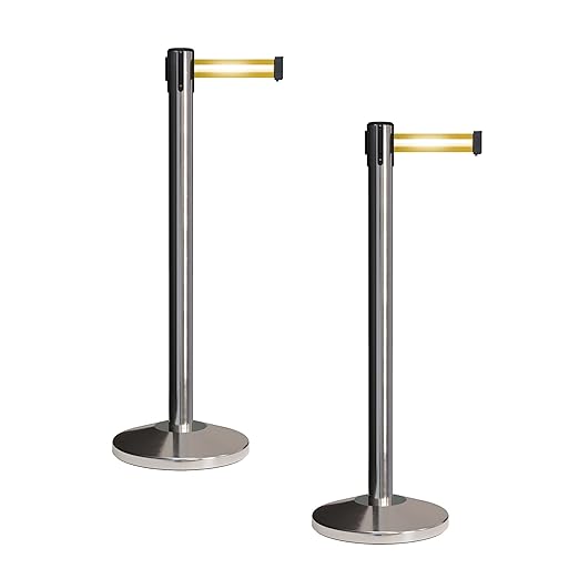 Crowd Control Warehouse CCW Set of 2 Retractable Belt Barriers Stanchion, Polished Stainless Steel Post, RBB-100 (11 Foot Belt, Yellow Horizontal Reflective Stripe Belt)