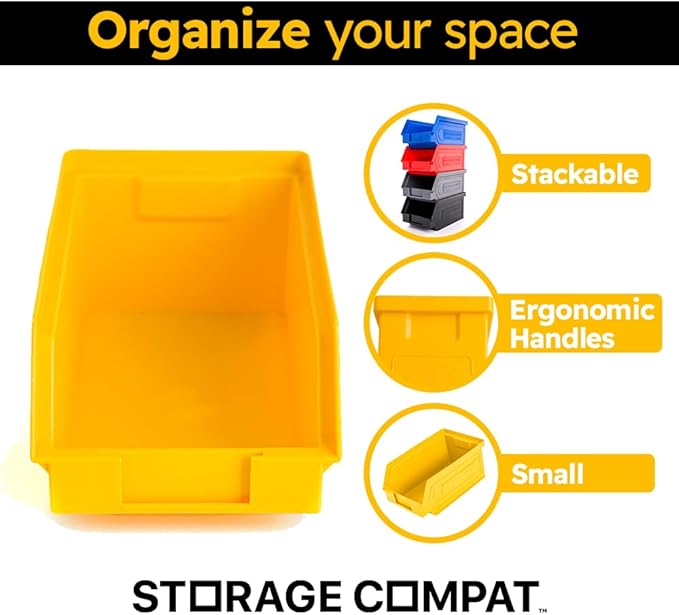 Plastic Storage Bins, Hanging, Stackable, Storage Organizer Bin for Warehouses, Workshops 7-Inch x 4-Inch x 3-Inch (Yellow, 6-Pack)