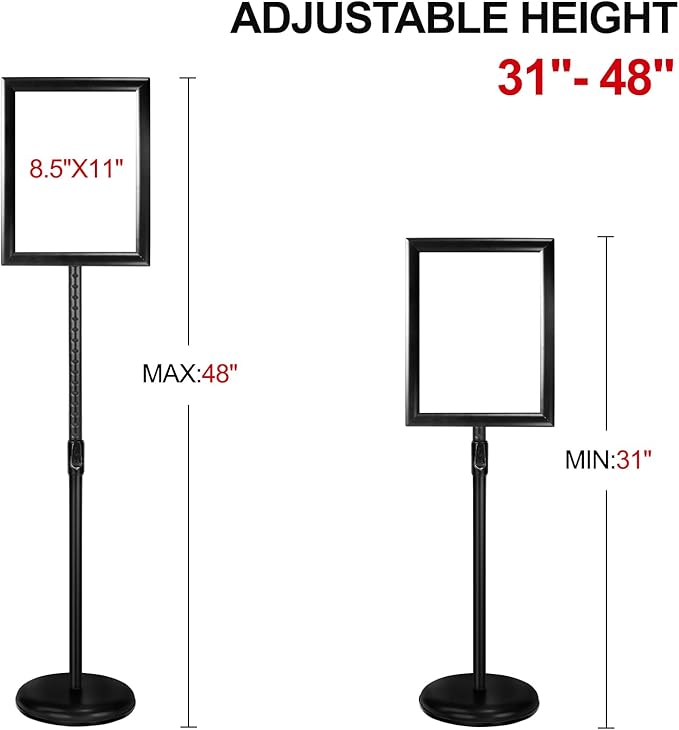 Adjustable Heavy Duty Poster Sign Holder Stand Floor Sign Stand Aluminum Snap Open Frame for 8.5 x 11 inches both Vertical and Horizontal view Displayed Used for Living and Business(Black-2pack)