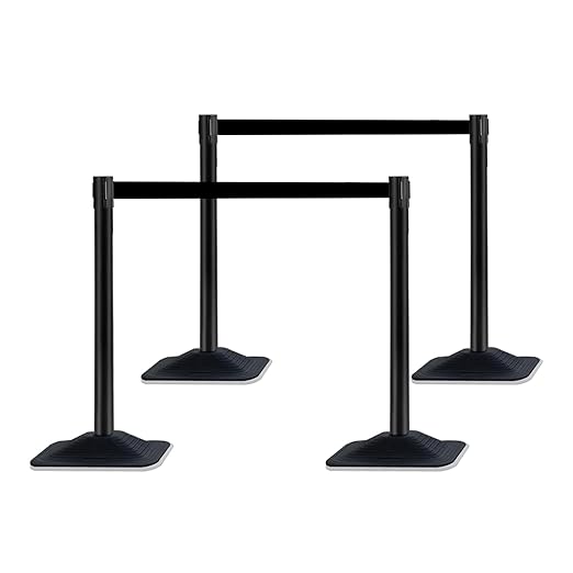 4 Pack Crowd Control Stanchion Set, Black Posts with 10FT Retractable Belt, Space-Saving Rectangular Heavy Base, Queue Barrier for Events & Traffic Management