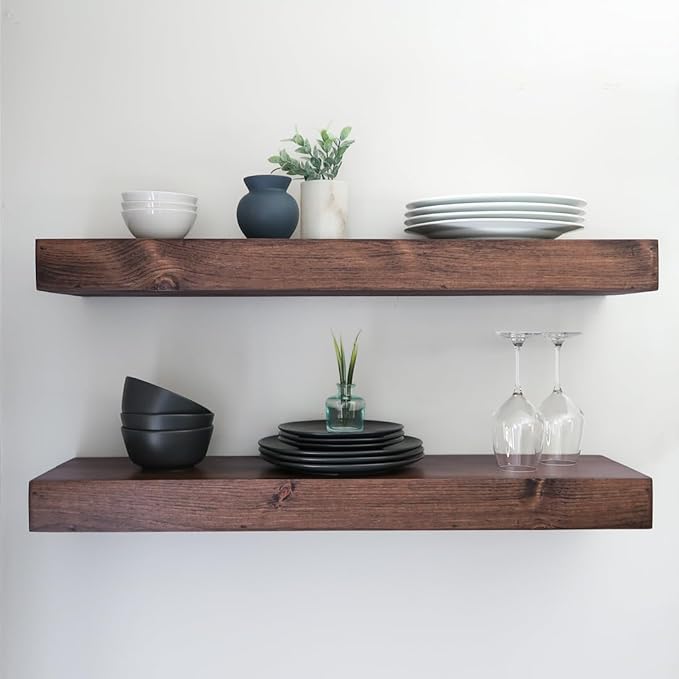 Urbandi Modern Floating Shelves 3 Inches Thick for Wall, Wide Shelves for Kitchen, Living Room, Bedroom, and Bathroom, Natural Pine Wood, Rustic Wooden Shelf, (Set of 2) (Provincial, 60Lx3Hx6D)