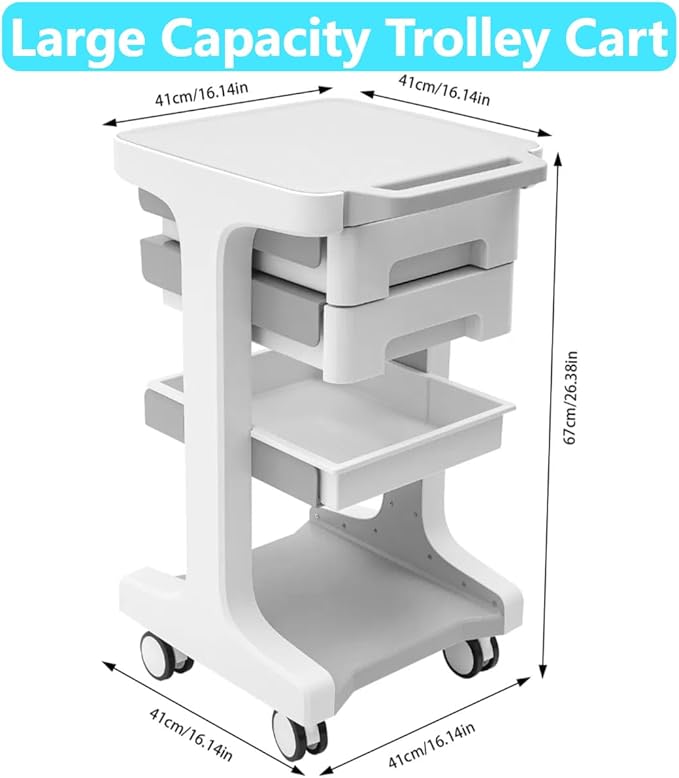 Professional 3-Tier 2-Drawer Salon Trolley Cart with Wheels Utility Cart with Drawers Mobile Storage Cart, Max 50kg/110lb Load, 16.14 * 16.14 * 26.38in (Grey)