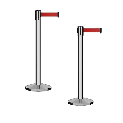 Crowd Control Warehouse CCW Series RBB-150 - Set of 2 Stanchion Retractable Belt Barriers - 16 Foot, Red Belt with Polished Stainless Steel Post - Easy Assembly