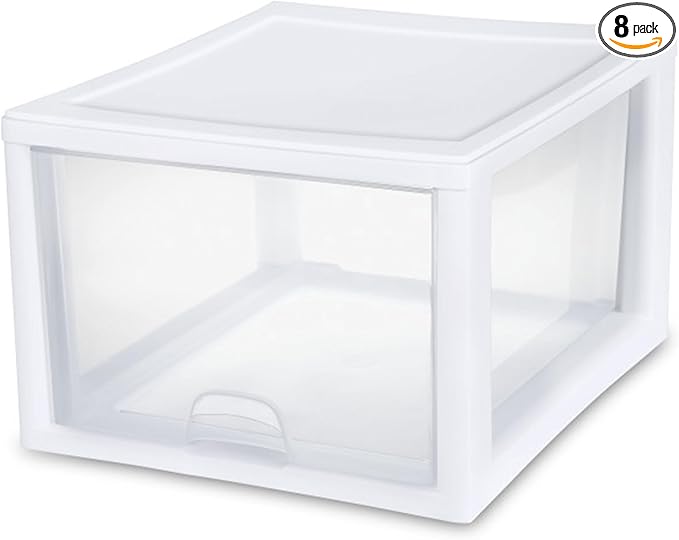 Sterilite 8-Pack 27 Quart Stacking Drawer, Clear Storage Closet Organizer, White Frame - Stackable Modular Plastic Drawers for Clothes, Accessories, Craft Supplies, Shoes or Linens