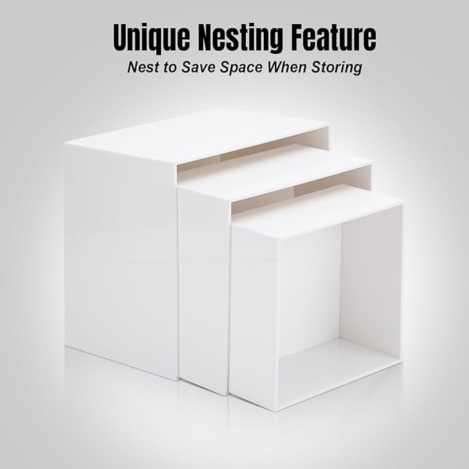 Clisela 3pcs Acrylic Cube Display Stands Box Risers with Hollow Bottoms, Food Risers for Buffet Table, Decorative Display Stand Shelf for Dessert Collectibles Jewelry Figures Show - White 6" 7" 8"