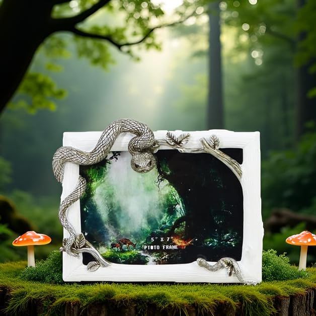 Decorative Snake Resin Picture Frame - 5x7 Inch Tabletop Photo Display with Mother & Baby Snake Design, Silver Wildlife Home Decor Art