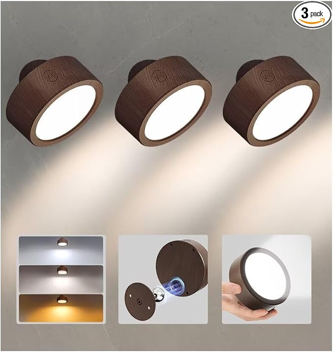 EZVALO LED Wall Mounted Lights, 5500mAh Rechargeable Wall Sconces Lamp, 3 Color Temps & Remote and Touch Control, 360°Rotation Dimmable Cordless Wall Light for Bedroom Reading Study (3 Pack Walnut)