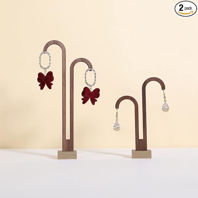 GemeShou 2 pcs walnut earring display stands for selling, cute earring hanger, wood hanging earring holder for boutique display【Y shape rectangle base-2pcs】