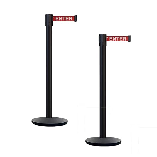 Montour Line MI650 Set of 2 Retractable Belt Barrier Stanchion, Cast Iron Base, Black Powder Coated Steel Post (16 ft Red with"Caution - DO NOT Enter" White Letters Belt)