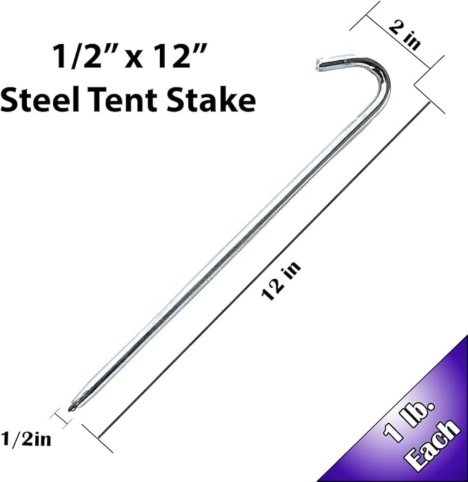 Steel Tent Stakes Heavy Duty Ground Stake, Metal Stakes to Anchor Commercial Inflatables, Outdoor Camping Canopy, Fence, Garden Tent Accessories, 1/2" Diameter x 12" Length, 4 Pack