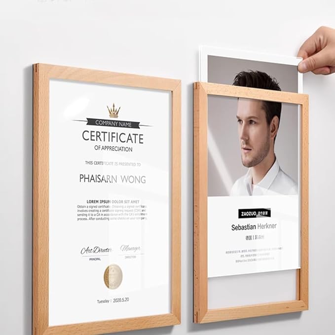 Wall Mount Acrylic Sign Holder Self Adhesive Magnetic Display Frame Clear Document Frame for Office, Store, School, Home, Wall Picture Frame (Sapele Wood A3 297×420mm/11.69×16.54inches)