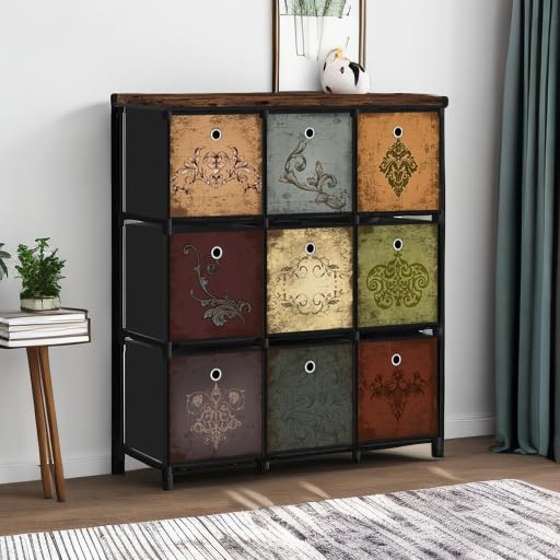 Fabric Dresser with 9 Drawers, DIY Cube Organizer for Closet, Storage Drawer Unit Chest of Drawers for Bedroom, Living Room, Hallway, Dorm, Pattern