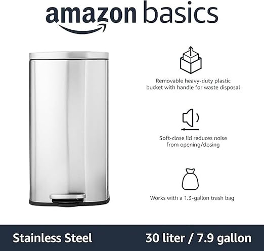Amazon Basics Smudge Resistant Rectangular Trash Can With Soft-Close Foot Pedal, Brushed Stainless Steel, 30L/7.9 Gal, 13.8x11.8x25 in, Satin Nickel Finish