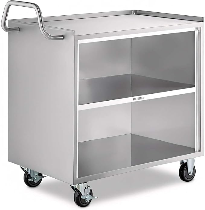 21" x 33" Stainless Steel Utility Cart with Enclosed Base and Open Front - 3 Shelf Heavy-Duty Commercial Service Cart - NSF Prep & Work Table for Kitchen, Catering, Restaurant