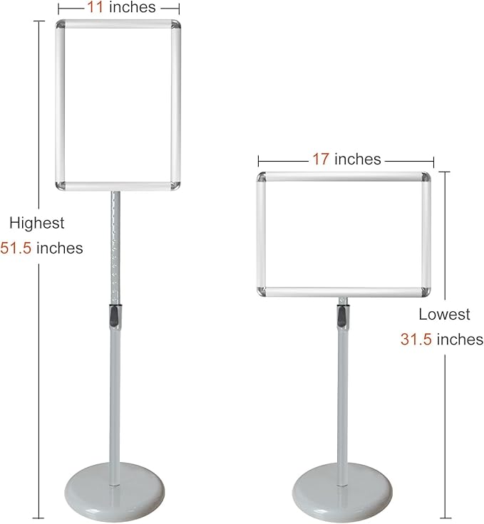 Adjustable Pedestal Sign Holder Stand, Poster Stand Aluminum Snap Open Frame for 11X17 Inches with Heavy Round Base, Both Vertical and Horizontal Sign Displayed (Sliver)