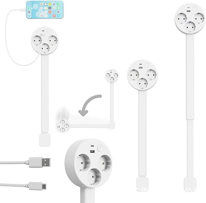 Retractable Power Strip Extension Cord, 180° Rotating Socket, Adjustable Length Surge Protector, Wall Mounted Outlet Extender with Multiple Outlets
