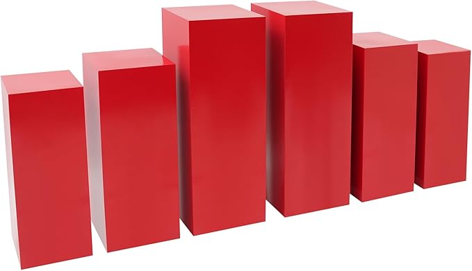 OUKANING 6 PCS Metal Display Pedestal Stands, Red Square Display Stands Pillars, Decoration Cube Sculpture Display Column for Wedding Party Baby Shower Birthday, H31.49'', 25.59'', 23.62''