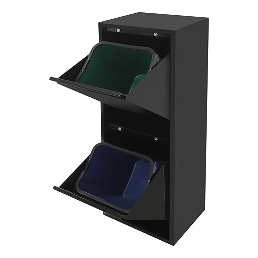 Recycling Trash Cabinet with 2 Bins & Tilt-Out Door – 15-Gallon Stainless Steel Organizer for Kitchen, Garage – Dual Waste Sorting System for Homeowners (Black)