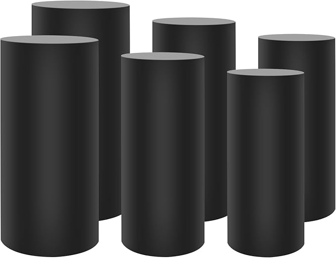 OUKANING 6 PCS Metal Display Pedestal Stands, Black Cylinder Display Stands Pillars, Decoration Cube Sculpture Display Column for Wedding Party Baby Shower Birthday, H27.56'', 26'', 23.62''