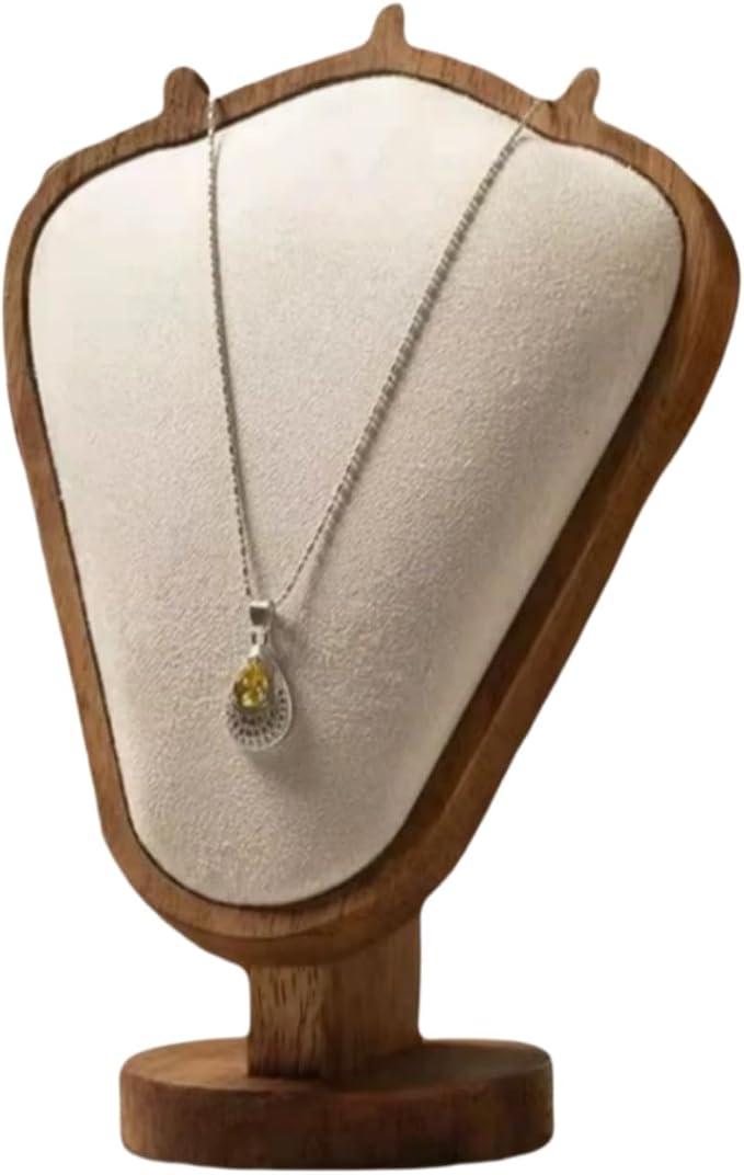 Walnut Color Body Wood Necklace Display Stand with Beige Flannelette Soft Mat Necklace Holder Organizer Desktop Stand for Home Store Dresser-3.3"x5.8"x8.4"