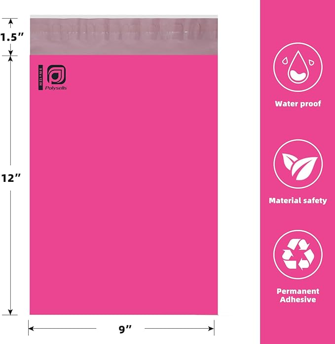 POLYSELLS 100 pcs 9x12 Inches Pink Poly Mailers Shipping Envelopes, Strong Adhesive Sealing, Waterproof, and Tear-resistant Postal Mailing Bags for Clothing, Books, and Accessories