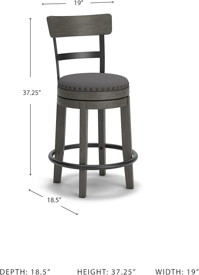 Signature Design by Ashley Caitbrook | Farmhouse Swivel 24" Counter Height Barstool – 360° Swivel, Upholstered with Nailhead Trim, Metal & Wood Frame, Gray