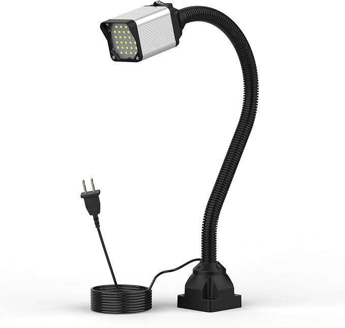 LED lathe Work Light, 20in Flexible Gooseneck Lamp with 28LEDs, 1200 Lumen Machine Light for LatheCNc Milling Drill Press Sewing Machine IndustrialLighting,120V(Base with 4screw holes)