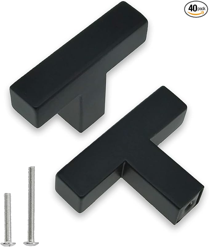 Cabinet Pulls Single Hole Cabinet Knobs, 40 Pack Square Matte Black T Bar Cabinet Handles Drawer Cabinet Knobs Cupboard Hardware Cabinet Handles, Stainless Steel Single Hole Cabinet