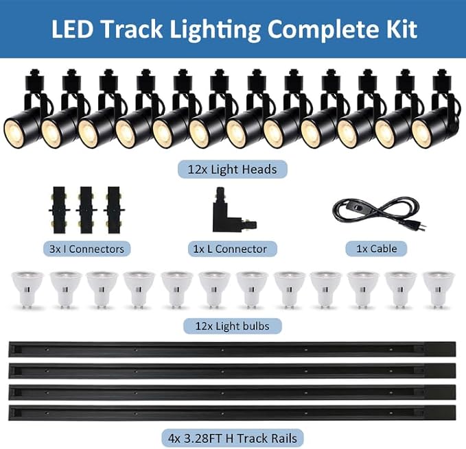 LED Track Lighting Kit, 3CCT 10W Track Lights Heads 3000K/4000K/6000K Adjustable with 13.1FT H-Type Track Light Rails 12PCS Ceiling Spotlight Fixture Replaceable GU10 Bulb