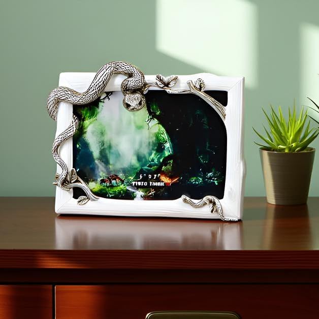 Decorative Snake Resin Picture Frame - 5x7 Inch Tabletop Photo Display with Mother & Baby Snake Design, Silver Wildlife Home Decor Art