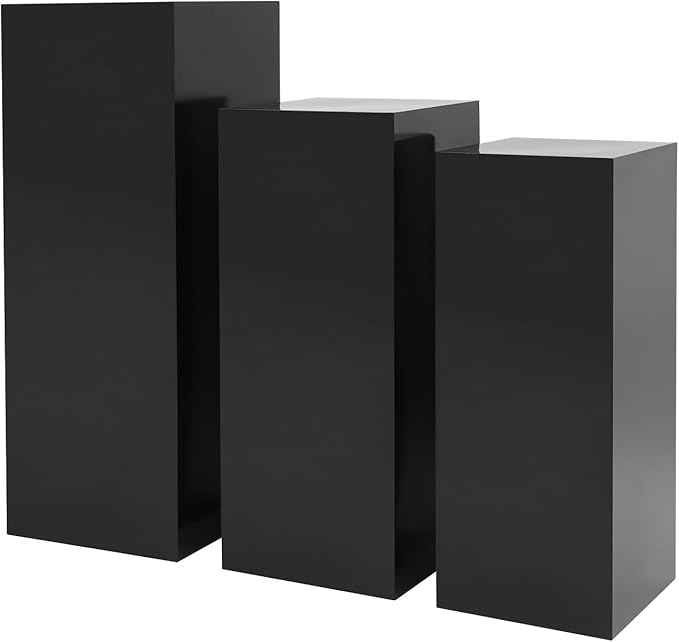 OUKANING 3 PCS Metal Display Pedestal Stands, Square Black Display Stands Pillars, Decoration Cube Sculpture Display Column for Wedding Party Baby Shower Birthday, H31.49'', 25.59'', 23.62''
