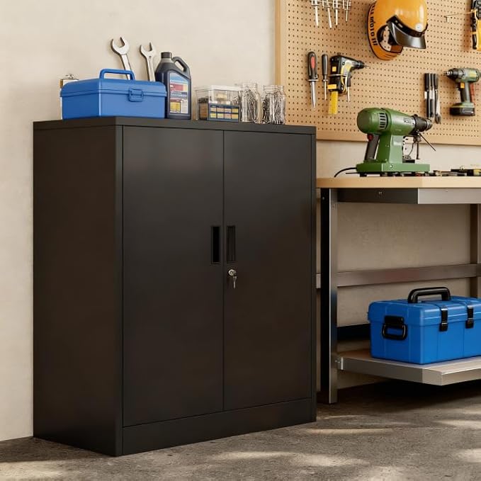 Metal Garage Storage Cabinets，Metal File Cabinet with 2 Adjustable Shelves, Lockable Storage Cabinets for Office, Home, Garage, Warehouse 36" H x 31.5" W x 15.7" D (Black)