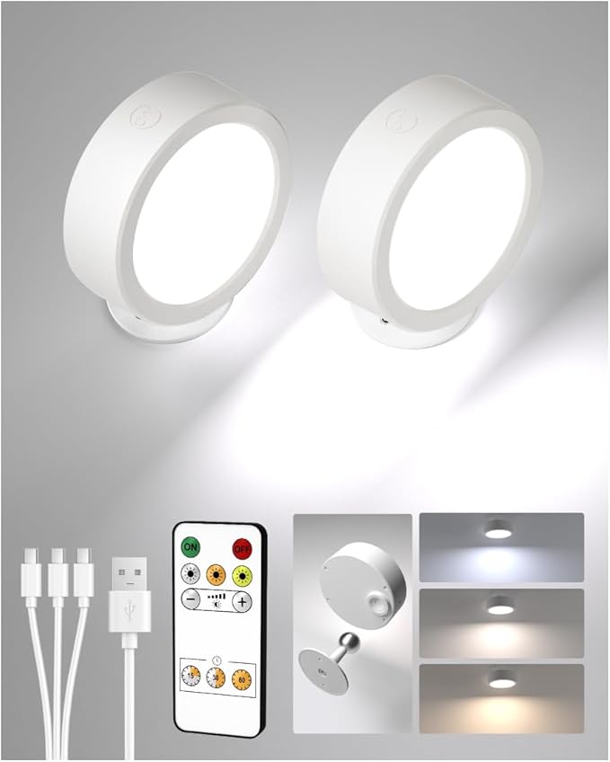 EZVALO LED Wall Mounted Lights, 5500mAh Rechargeable Wall Sconces Lamp, 3 Color Temps & Remote and Touch Control, 360°Rotation Dimmable Cordless Wall Light for Bedroom Reading Study (2 Pack White)