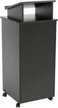 Rolling Wood Podium, 44"H, Locking Wheels, 2 Shelf Open Cabinet, Top Surface with Lip (Black)