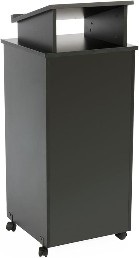 Rolling Wood Podium, 44"H, Locking Wheels, 2 Shelf Open Cabinet, Top Surface with Lip (Black)